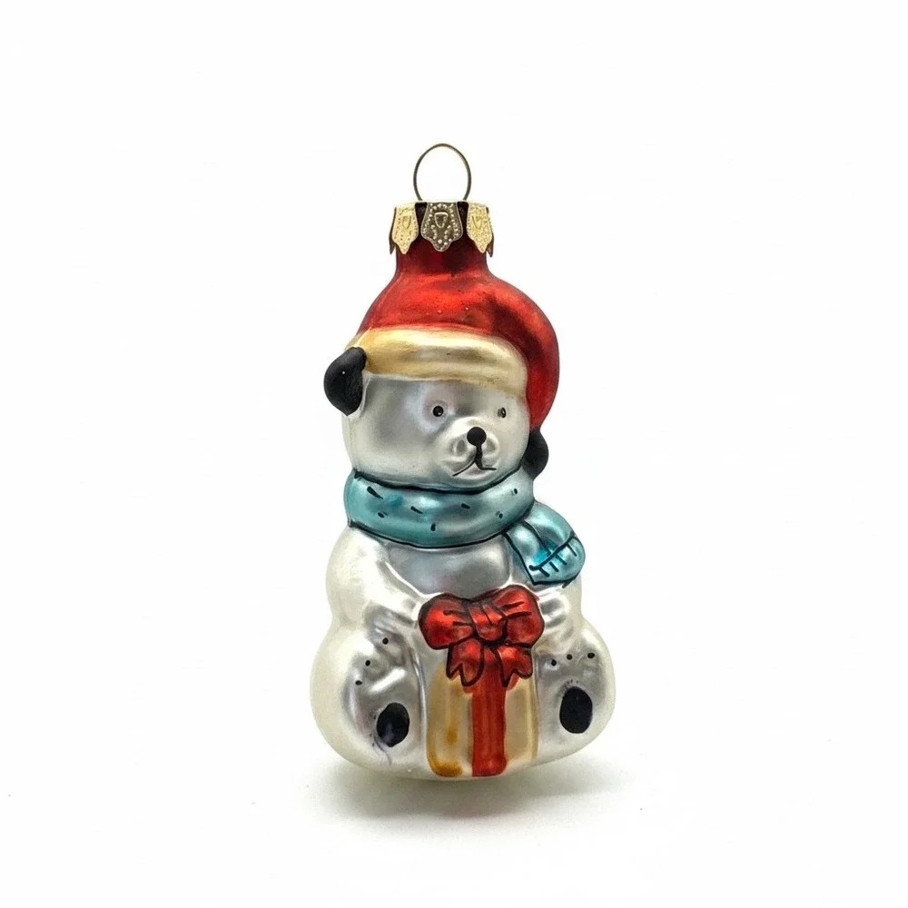 Vintage Mercury Glass Polar Bear Christmas Ornament Santa Hat Teal Scarf